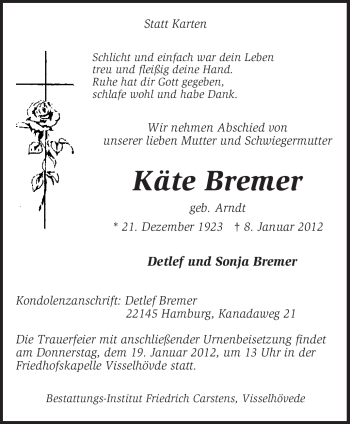 Traueranzeige von Käte Bremer von KREISZEITUNG SYKE