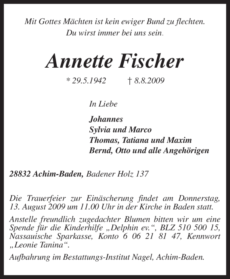  Traueranzeige für Annette Fischer vom 11.08.2009 aus KREISZEITUNG SYKE