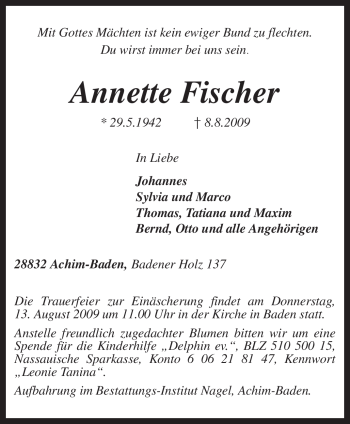 Traueranzeige von Annette Fischer von KREISZEITUNG SYKE
