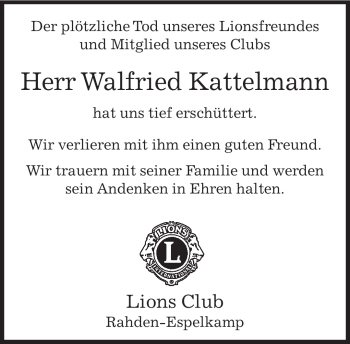 Traueranzeige von Walfried Kattelmann von KREISZEITUNG SYKE