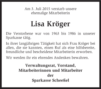 Traueranzeige von Lisa Kröger von KRZ