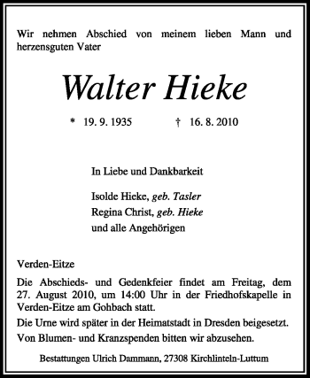 Traueranzeige von Walter Hieke von KREISZEITUNG SYKE