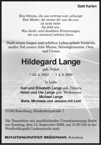 Traueranzeige von Hildegard Lange von KREISZEITUNG SYKE