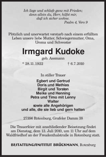 Traueranzeige von Irmgard Kudoke von KREISZEITUNG SYKE