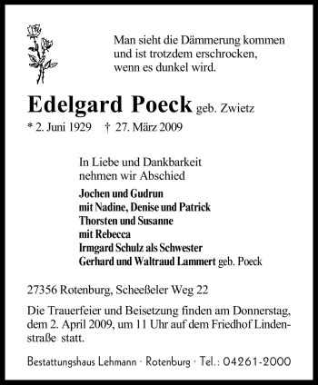 Traueranzeige von Edelgard Poeck von KREISZEITUNG SYKE