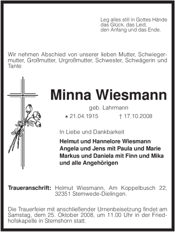 Traueranzeige von Minna Wiesmann von KREISZEITUNG SYKE