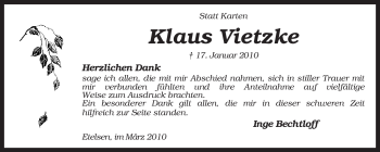 Traueranzeige von Klaus Vietzke von KREISZEITUNG SYKE