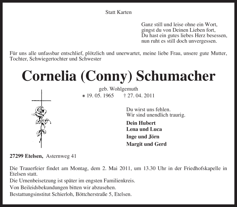  Traueranzeige für Cornelia Schumacher vom 29.04.2011 aus KREISZEITUNG SYKE