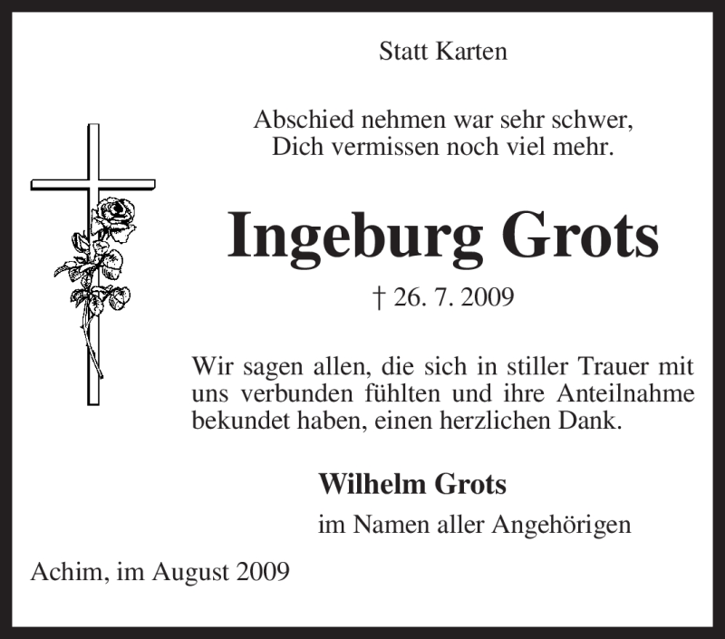  Traueranzeige für Ingeburg Grots vom 29.08.2009 aus KREISZEITUNG SYKE