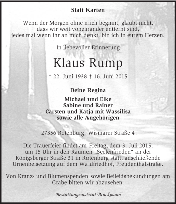 Traueranzeige von Klaus Rump von KRZ