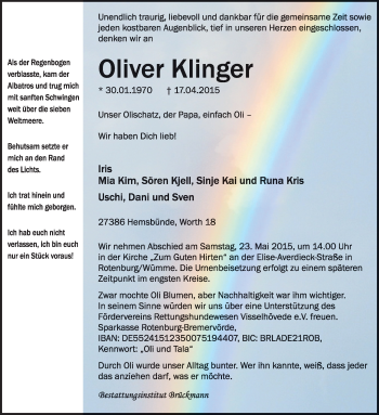 Traueranzeige von Oliver Klinger von KRZ