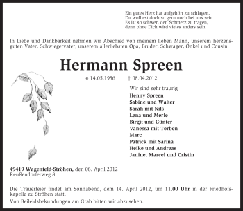 Traueranzeige von Hermann Spreen von KREISZEITUNG SYKE