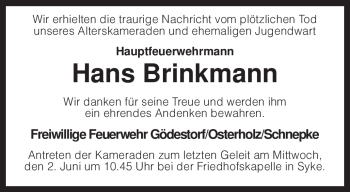 Traueranzeige von Hans Brinkmann von KREISZEITUNG SYKE