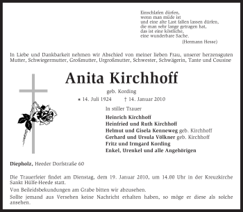 Traueranzeige von Anita Kirchhoff von KREISZEITUNG SYKE