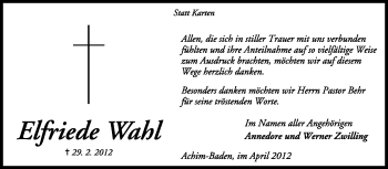 Traueranzeige von Elfriede Wahl von KREISZEITUNG SYKE