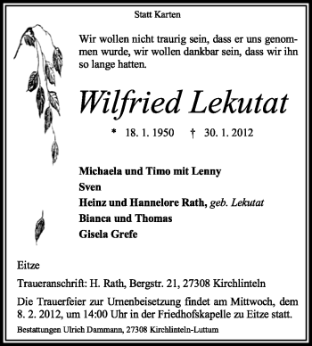 Traueranzeige von Wilfried Lekutat von KREISZEITUNG SYKE