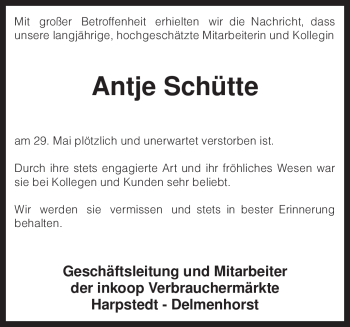 Traueranzeige von Antje Schütte von KREISZEITUNG SYKE