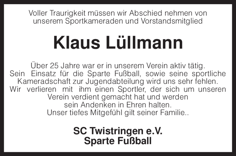  Traueranzeige für Klaus Lüllmann vom 10.09.2009 aus KREISZEITUNG SYKE