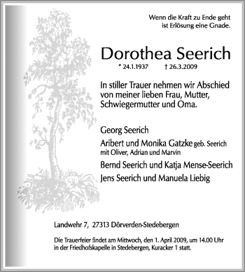 Traueranzeige von Dorothea Seerich von KREISZEITUNG SYKE