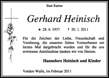 Traueranzeige von Gerhard Heinisch von KREISZEITUNG SYKE