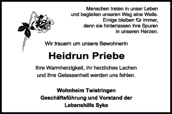 Traueranzeige von Heidrun Priebe von KREISZEITUNG SYKE