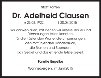 Traueranzeige von Adelheid Clausen von KRZ