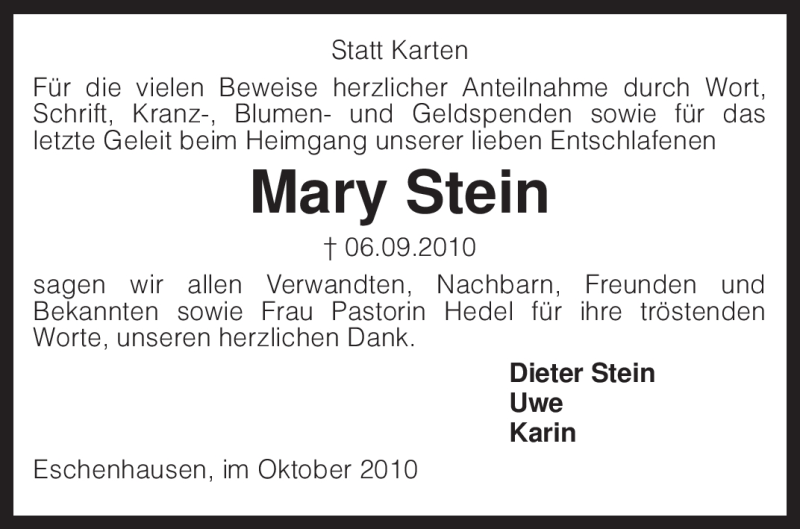  Traueranzeige für Mary Stein vom 23.10.2010 aus KREISZEITUNG SYKE