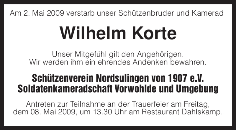  Traueranzeige für Wilhelm Korte vom 06.05.2009 aus KREISZEITUNG SYKE