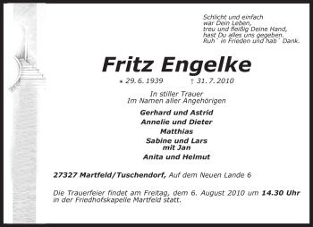 Traueranzeige von Fritz Engelke von KREISZEITUNG SYKE