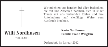 Traueranzeige von Willi Nordhusen von KREISZEITUNG SYKE