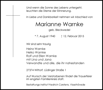 Traueranzeige von Marianne Warnke von KRZ