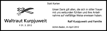 Traueranzeige von Waltraut Kurpjuweit von KREISZEITUNG SYKE