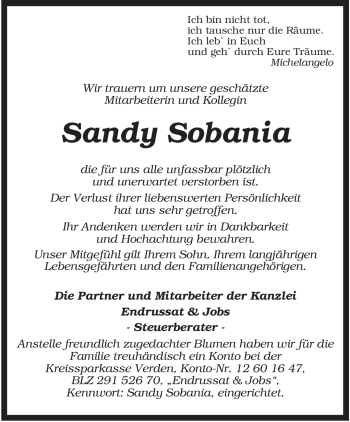 Traueranzeige von Sandy Sobania von KREISZEITUNG SYKE