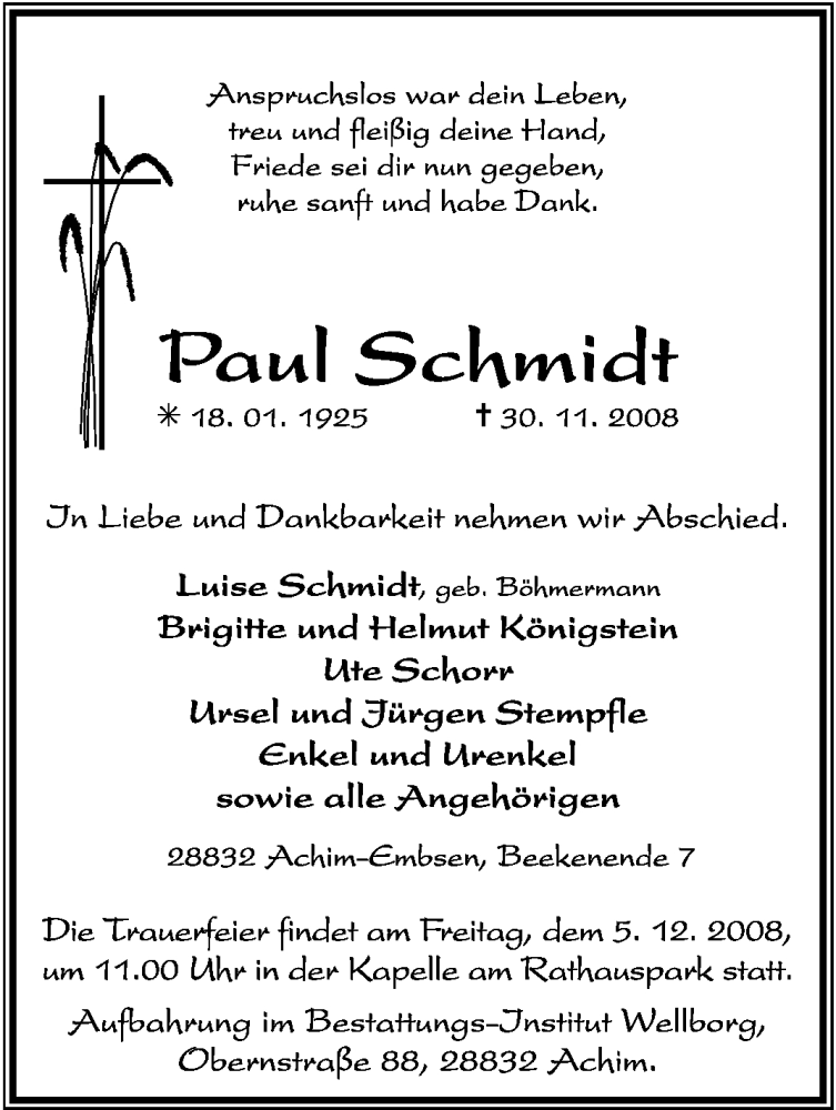  Traueranzeige für Paul Schmidt vom 03.12.2008 aus KREISZEITUNG SYKE