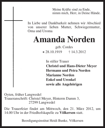 Traueranzeige von Amanda Norden von KREISZEITUNG SYKE