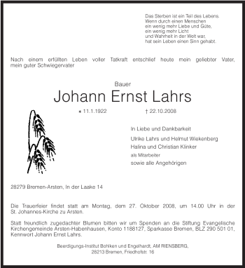 Traueranzeige von Johann Ernst Lahrs von KREISZEITUNG SYKE