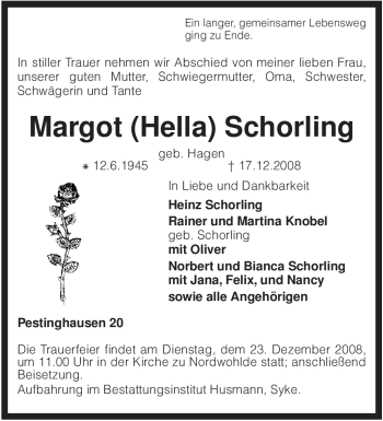 Traueranzeige von Margot Schorling von KREISZEITUNG SYKE