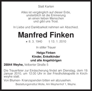 Traueranzeige von Manfred Finken von KREISZEITUNG SYKE