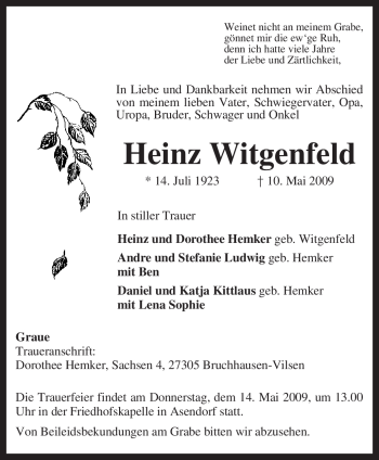 Traueranzeige von Heinz Witgenfeld von KREISZEITUNG SYKE