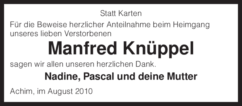  Traueranzeige für Manfred Knüppel vom 01.09.2010 aus KREISZEITUNG SYKE