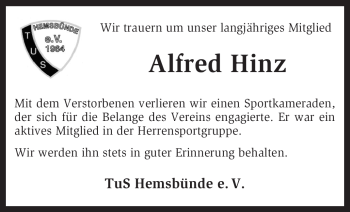 Traueranzeige von Alfred Hinz von KREISZEITUNG SYKE