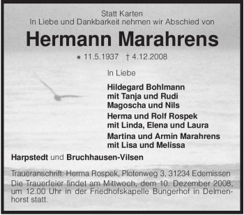 Traueranzeige von Hermann Marahrens von KREISZEITUNG SYKE
