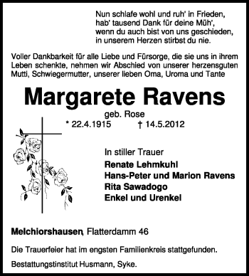 Traueranzeige von Margarete Ravens von KREISZEITUNG SYKE