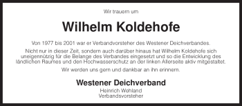 Traueranzeige von Wilhelm Koldehofe von KREISZEITUNG SYKE