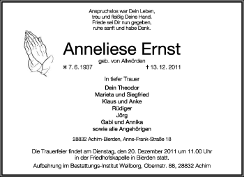 Traueranzeige von Anneliese Ernst von KREISZEITUNG SYKE