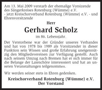 Traueranzeige von Gerhard Scholz von KREISZEITUNG SYKE