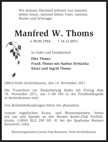 Traueranzeige von Manfred W. Thoms von KREISZEITUNG SYKE