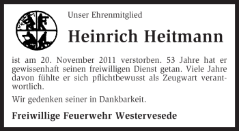 Traueranzeige von Heinrich Heitmann von KREISZEITUNG SYKE