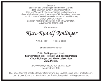 Traueranzeige von Kurt-Rudolf Rollinger von KREISZEITUNG SYKE