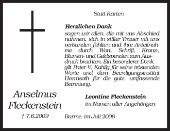 Traueranzeige von Anselmus Fleckenstein von KREISZEITUNG SYKE